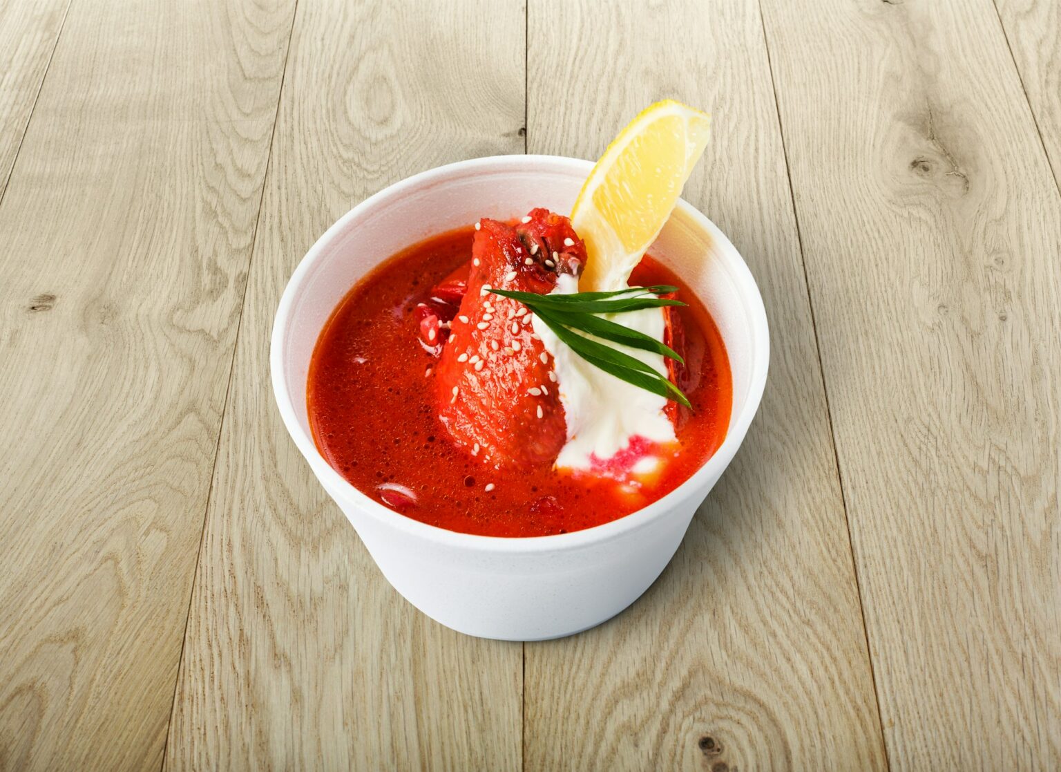 Food take away, russian soup borsch on wood