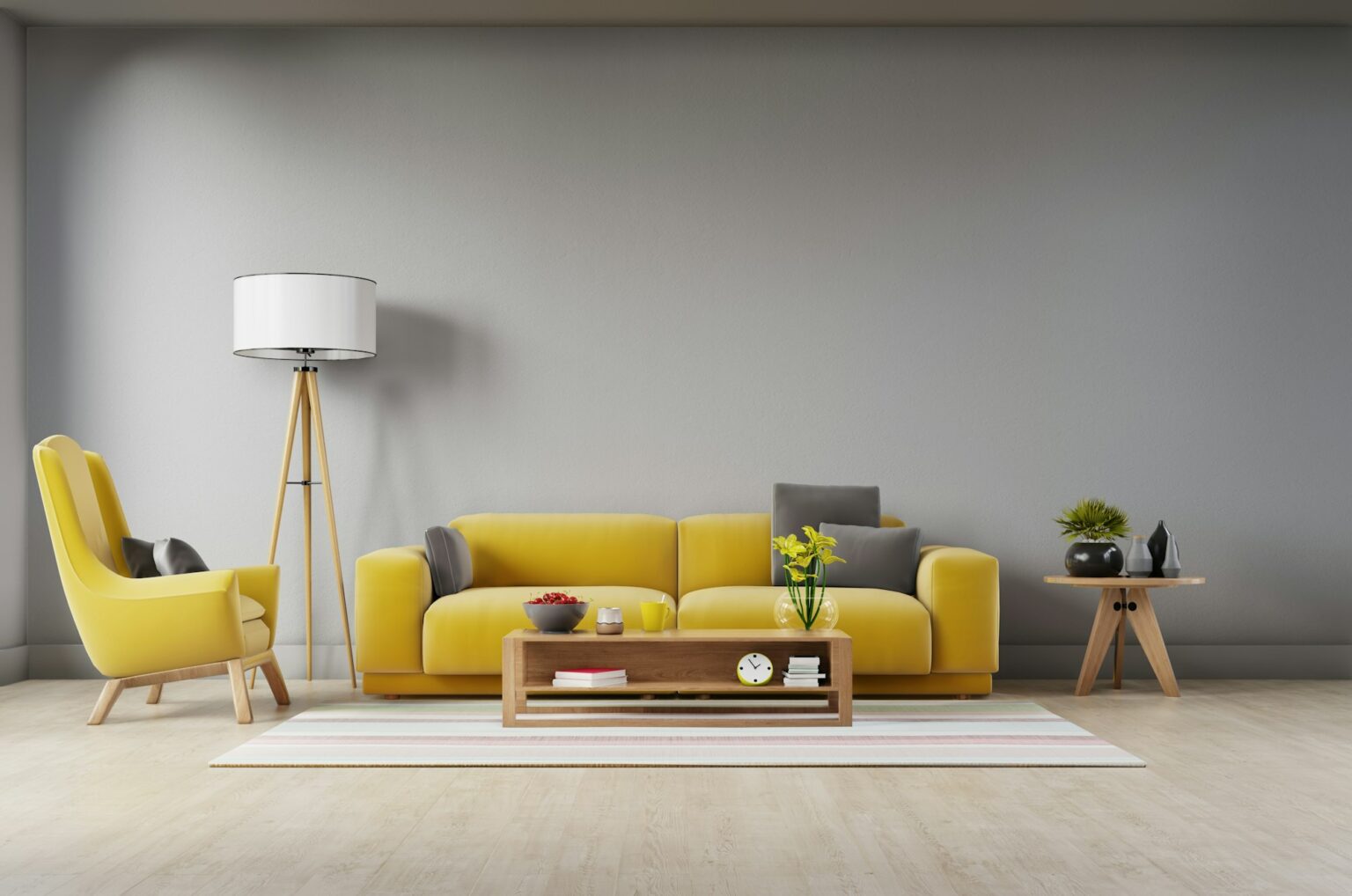 Living room interior with Yellow fabric sofa